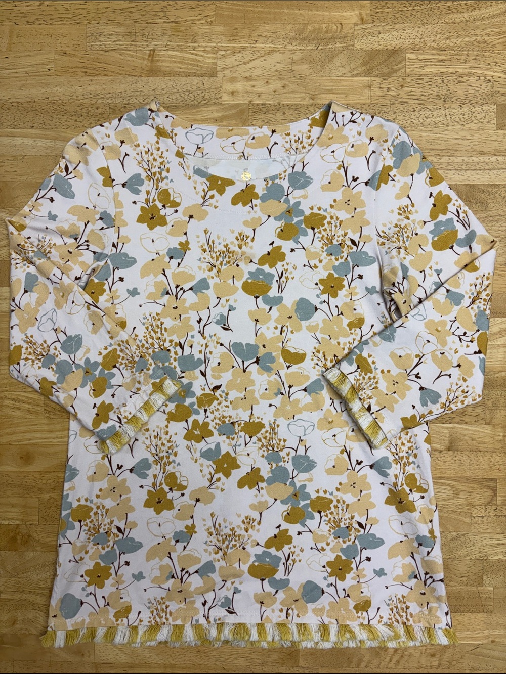 Spartina 449 Island Fringe Floral Knit Top Small S Cream Yellow Blue Boho EUC